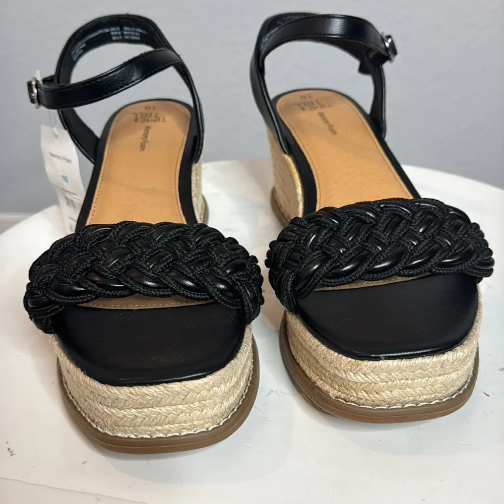 TIME AND TRU WOMENS BLACK BRAIDED ANKLE STRAP ESPADRILLE PLATFORM WEDGES **NWT**